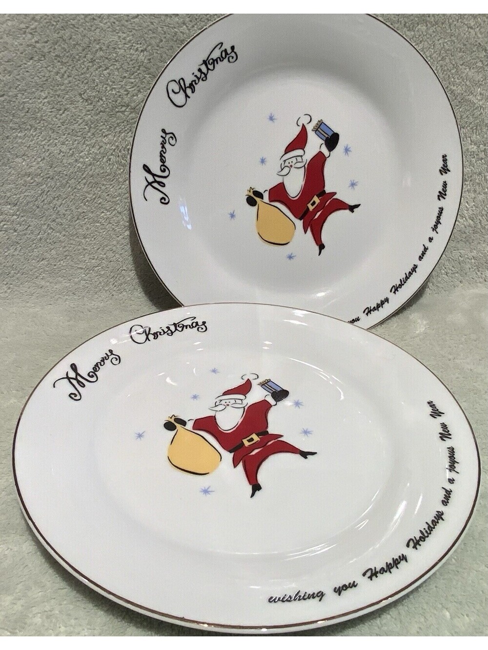 Merry Brite Porcelain 7.5” Salad/Desert Merry Christmas Plates Set of Two